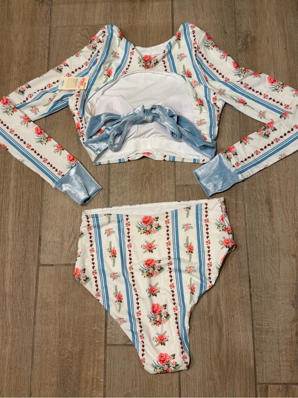 Floral Stripe Long Sleeve Bikini Set in White and Blue